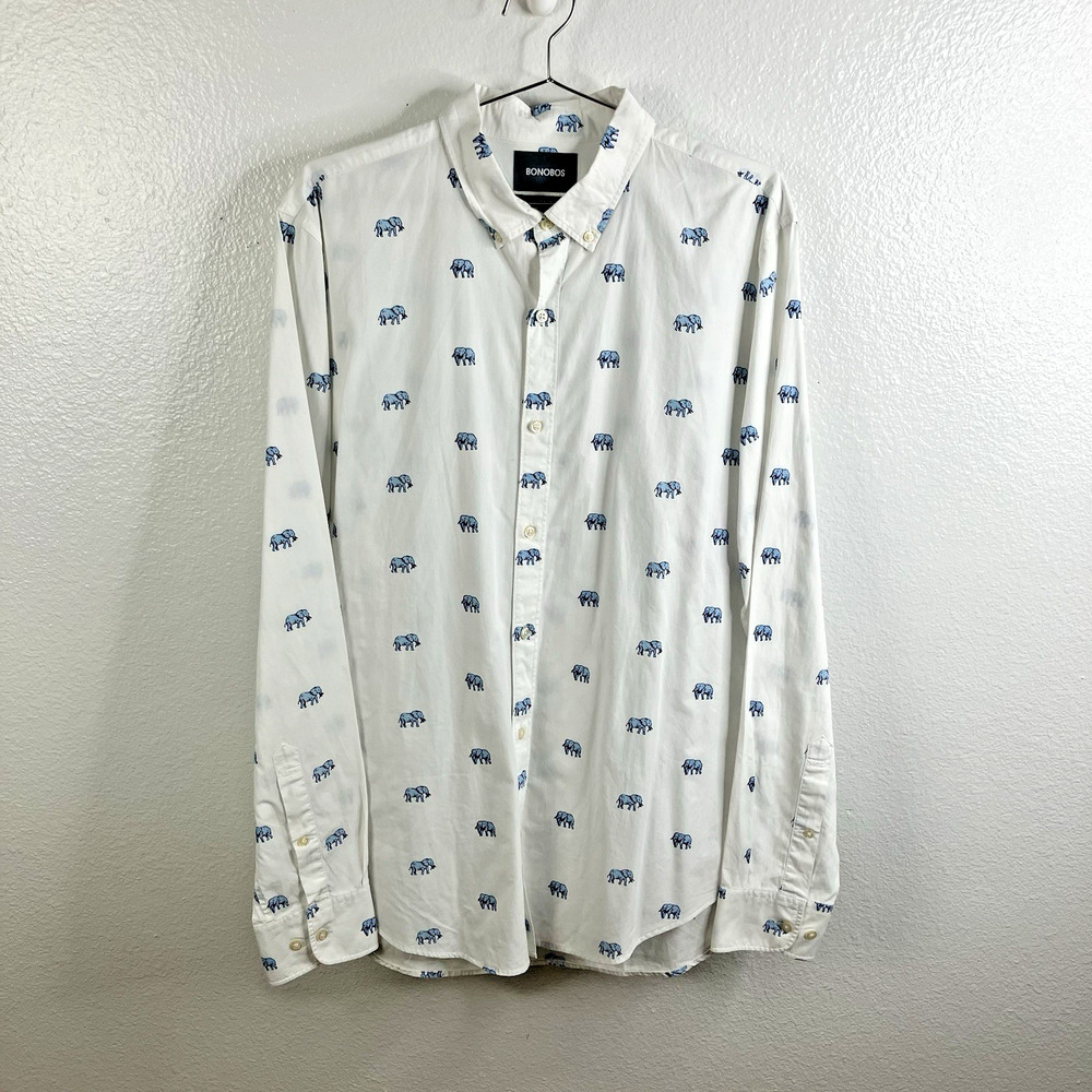 Bonobos Elephant Print Button Down Size L Long Tailored Slim Fit Novelty Office